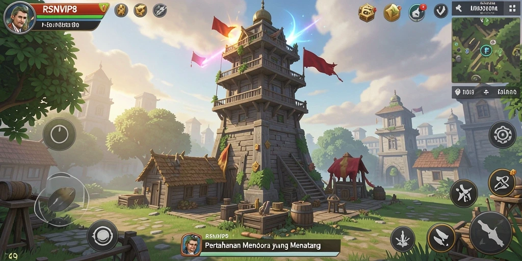 Screenshot menunjukkan gameplay seru dan menara bertahan yang strategis.