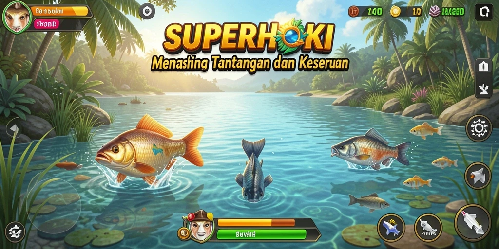 Tampilan gameplay SUPERHOKI yang menampilkan aksi memancing yang seru.